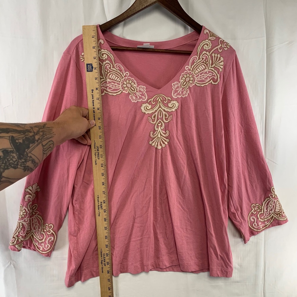 J. Jill Embroidered V-Neck Top Womens Large Pink 3/4 Sleeve Cotton Modal - Picture 5 of 11